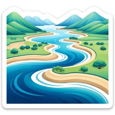A 3D cartoon estuary where a river flows into the ocean, visible water color blend, soft natural lighting, Memoji-style. sticker