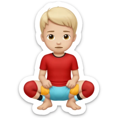 A kid wearing a poopy underwear with a red t-shirt squatting down sticker