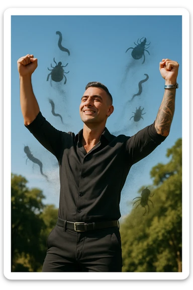 a man stands outdoors in bright sunlight, arms raised in relief and joy, while faint, shadowy silhouettes of parasites fall away from his body and dissolve into the air. His posture is upright and energetic, his expression serene and healthy. The background features green trees and a clear sky, emphasizing liberation and restored well-being. sticker