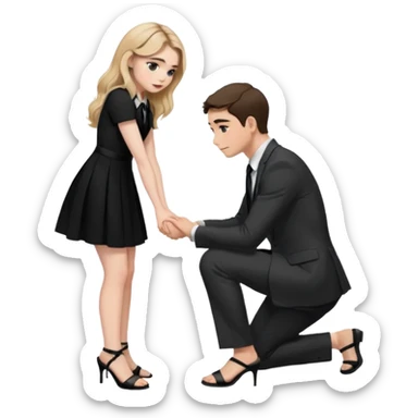  Sabrina carpenter kneeling down wearing a black dress with a tie with black heel sandals, putting her hand on man’s leg  sticker