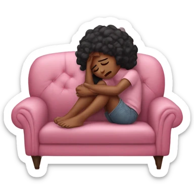 sad girl crying on the cozy pink couch  sticker