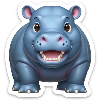cinematic-hippo-realistic-full-body-side-view-standing-on-all-fours-emoji,-massive-round-frame,-wide-mouthed-grin-exposing-huge-teeth,-head-tilted-dramatically,-thick-greyish blue-hide-glossy, big cute eyes sticker