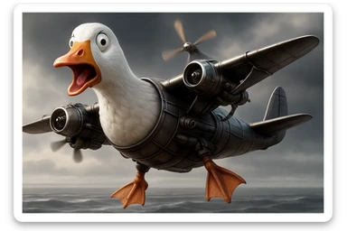 Change the expression of the goose-plane creature to surprised, keeping all other details and colors the same, in a style consistent with the original image. sticker