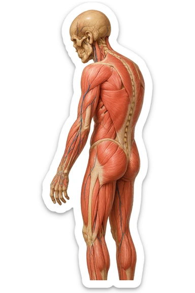 corpo umano anatomico realistico leggermente curvo con la schiena e le spalle che puntano leggermente in avanti, postura delle spalle chiuse, isolato su sfondo bianco sticker