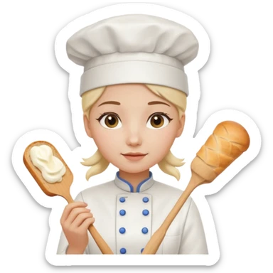 Young female baker - white chef hat, holding cream piping bag to milk oil on bread sticker