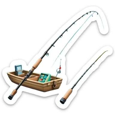 Icon for Fishing Travel: a fishing rod, tackle box and a boat on a calm lake surrounded by mountains and lush greenery, with fish jumping out of the water. The icon should capture the peaceful and adventurous nature of fishing trips. Transparent background. sticker