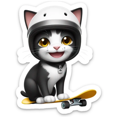 Smiling Black and white cat skateboarding with crash helmet  sticker