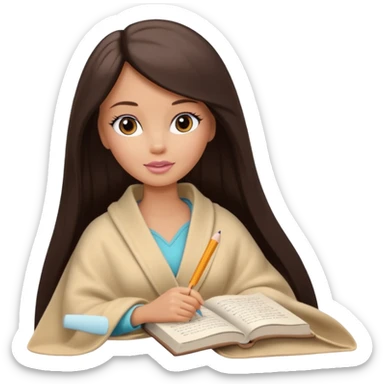 White Barbie girl with a long straight dark brown hair inside a pale beige blanket is writing a book sticker