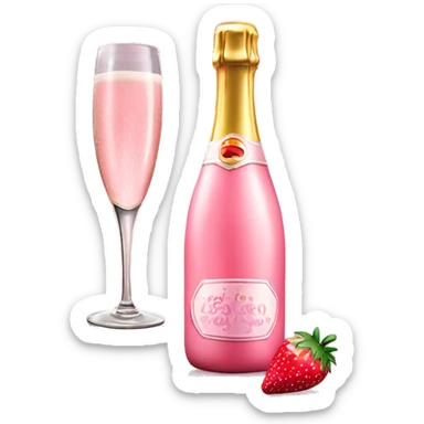 Realistic pink champagne bottle and pink clear glass full of the champagne with a strawberry in it. sticker