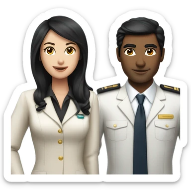 Flight attendant with long black hair and white skin with a pilot man with tan skin and black hair sticker