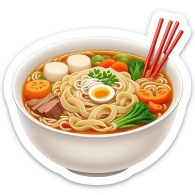 Henan Stewed Noodles with clear soup and vegetables, simplified emoji style with bold outlines and bright colors, cartoon style traditional Hui Mian in bowl sticker