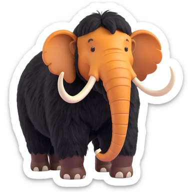 profile side view of a happy wooly mammoth with black fur and two white tusks, walking, 3D style, no background sticker