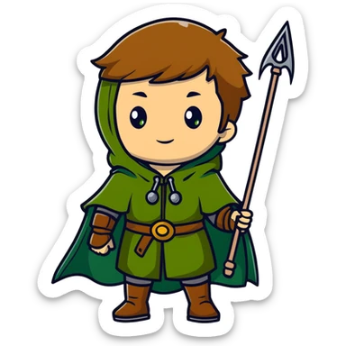 Rudeus Greyrat from Mushoku Tensei, green eyes, short light brown hair, wearing adventurer's outfit with a green cloak, holding a staff, confident and curious expression sticker