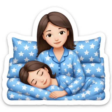  "type": "human",
      "look": "woman in star-print pyjamas, soft blue set, sleepy smile", sticker
