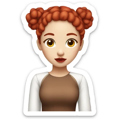 Create an Emoji Chinese Girl, slightly curly and long red hair and 2 buns on top of her head, red lipstick, white skin, brown eyes, red mesh shirt sticker