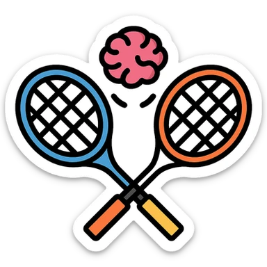 two tennis rackets facing each other with a brain emoji bouncing around between them, colorful outline icon style, vibrant and playful sticker