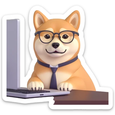 shiba inu with eye glasses and computer sticker