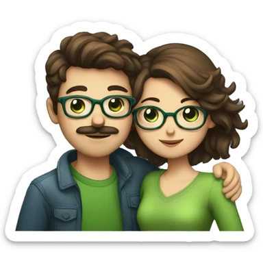 A heavy set boy with brown hair blue eyes and a mustache is kissing a green haired girl who is thin with green eyes and wearing glasses sticker
