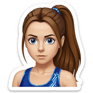 Melanie C with long brown ponytail hair, blue sequin crop top, hazel eye sticker