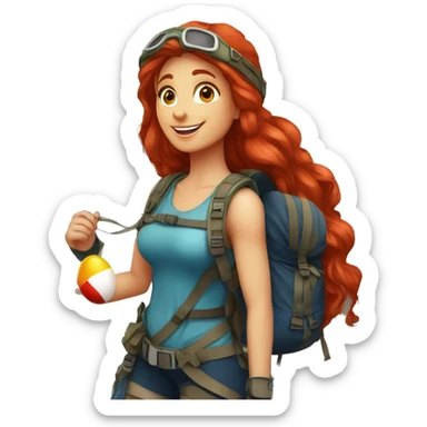Greek flag background  Female mountain climber long red hair climbing with Greek flag on backpack and holding Easter eggs basket sticker