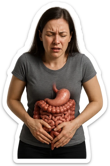 DONNA CON INTESTINO ANATOMICO REALISTICO IN EVIDENZA E MAL DI PANCIA, IPERREALISTICO 4K sticker