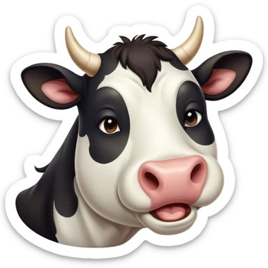 Cinematic Cute Yawning Black and White Cow Portrait Emoji, Head tilted slightly with a dramatic, wide-open yawn, showcasing a smooth, contrasting coat of black and white, floppy ears slightly drooping, round brown eyes barely open in drowsy contentment, Simplified yet irresistibly adorable features, highly detailed, glowing with a soft, cozy glow, high shine, relaxed yet expressive, stylized with a touch of modern whimsy, bright and endearing, soft glowing outline, capturing the essence of a sleepy yet affectionate cow, so drowsy it feels like it could stride out of the screen and curl up for a nap! sticker