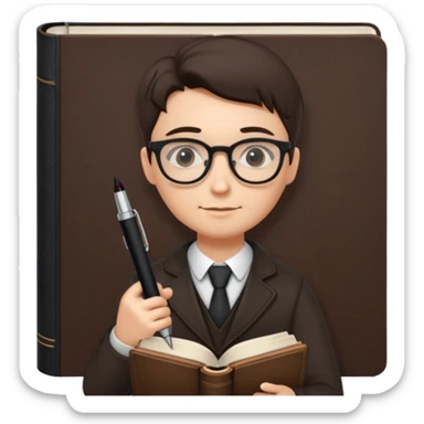 writer holding big pen and book, wearing glasses , zoom out sticker