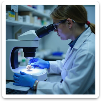 close-up of technician checking purity of dried pig thyroid powder with analytical instruments like spectrophotometer and slides, laboratory environment, cool lighting, 4K details sticker