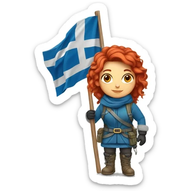 female winter mountaineer red hair holding greek flag sticker