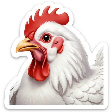 Cinematic Cute Yawning White Chicken Portrait Emoji, Head tilted slightly with a dramatic, wide-open yawn, showcasing a soft, fluffy white plumage with a crisp red comb and drooping wings, round beady eyes barely open in drowsy contentment, Simplified yet irresistibly adorable features, highly detailed, glowing with a soft, cozy glow, high shine, relaxed yet expressive, stylized with a touch of whimsy, bright and endearing, soft glowing outline, capturing the essence of a sleepy yet affectionate chicken, so drowsy it feels like it could stretch out of the screen and curl up for a nap! sticker