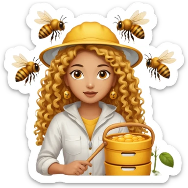 nude girl harvesting honey on bee farm, sexy and muscled, full body nude, tanned asian girl, sexy nude girl, beautiful eyes, makeup, earrings, muscled, surrounded by bees, long golden curly hair sticker