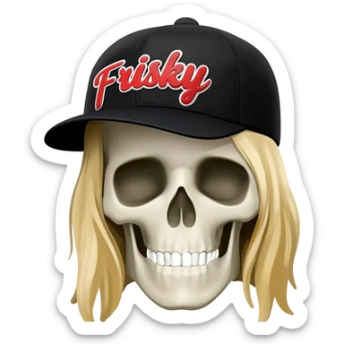 Create a skeleton head wearing a black baseball cap that says " Frisky " in red, and white lettering, with long blonde hair sticker