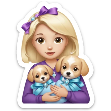 woman holding baby dogs with ribbons and crystals sticker