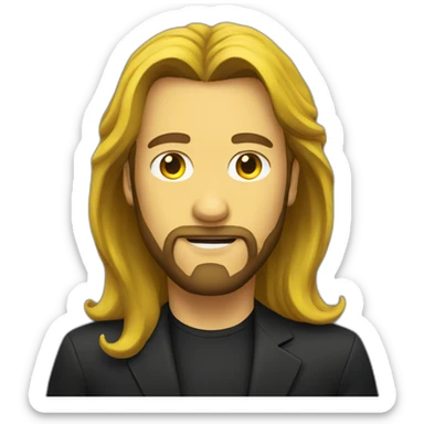 A man with long hair, a beard and a black shirt behind a yellow suit sticker