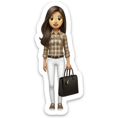 a brunette girl with long straight hair stands in a brown checkered shirt and white pants, in white headphones with a small black handbag sticker