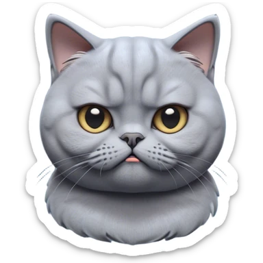 Cinematic Comical Grey British Shorthair Cat Portrait Emoji, Head tilted with a scrunched, grumpy expression, sleek soft grey fur with subtle blue undertones, Simplified yet sharp features, highly detailed, glowing with a slightly sarcastic glow, high shine, poised but with a comically displeased demeanor, stylized with an air of playful disdain, focused yet unimpressed, soft glowing outline, capturing the essence of a grumpy yet endearing kitty, so lifelike it feels like it could give you an exaggerated sigh and a disapproving stare at any moment! sticker