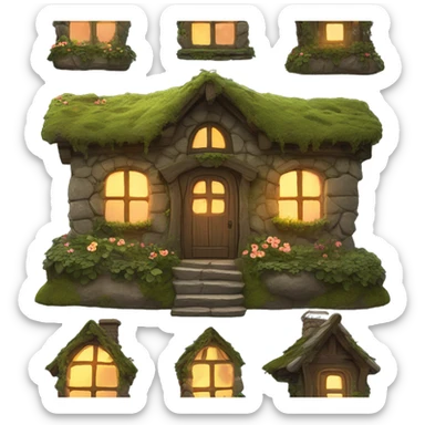 A cozy fantasy cottage made of stone and wood, covered in moss, vines, and flowers. The windows are aglow with firelight. sticker