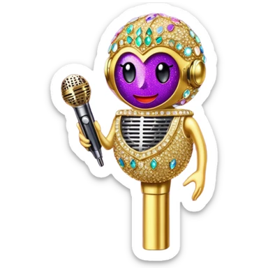 Create a glamorous and vibrant emoji representing stage vocal performance. The design should feature a humanless collage of classic vintage microphone, stage costume covered in rhinestones, sparkling brightly. The costume should be stylized, with glittering elements like sequins and sparkles, and reflect the glitzy, extravagant nature of show business. The microphone should have a sleek, retro look with chrome or metallic accents. Use rich, dazzling colors like gold, silver, deep purple, and bright red to evoke the glamorous, larger-than-life feel of a stage performance. The background should be transparent. sticker