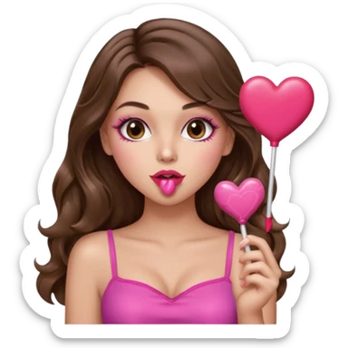 girl with long wavy brown hair, brown eyes, long lashes makeup, sexy pink lips, light to medium complexion, wearing a pink sexy top, blowing a kiss, heart lillipop sticker