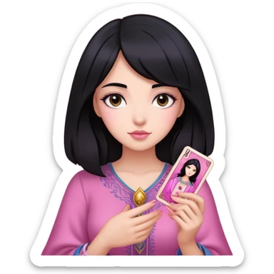 black hair girl with pink pink tarot cards sticker