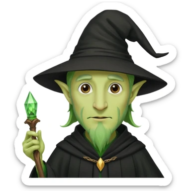 Green-skinned male wizard with a long nose, wearing a black hat and robe sticker