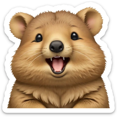 cinematic-realistic  yawning quokka-emoji,-small-round-frame, head tilted in an endearing manner, wouth wide open yawning, sleepy comical smile, round cheeks, giant-fluffy-cheeks-large-smile-fluffy-brown-fur-radiating-a-warm-softness,-big-round-eyes-filled-with-joy, realistic round  fluffy zoomed in, large black eyes one paw raised in the air sticker