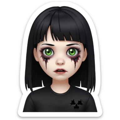 uma garota gotica zumbi no formato Memoji da apple com o cabelo cumprido, preto liso e com franja, blusa preta, olhos pretos  sticker