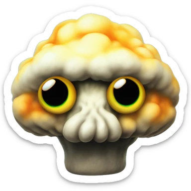 nuclear glow in the dark plushie mushroom cloud in Uncle Scrooge style, oil paint, mysterious eyes, intricate lips, masterpiece pose, odd perspective, beautiful, desirable, logical sticker