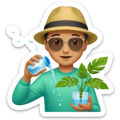 Realistic illustration of a man pouring water onto a green plant, standing outdoors in daylight, with a watering can in hand, gentle and caring expression, vibrant garden background, soft natural lighting, highly detailed, professional composition." sticker