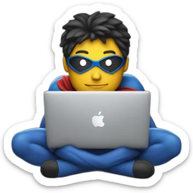 superhero with a rocket emblem sitting in front of his macbook sticker