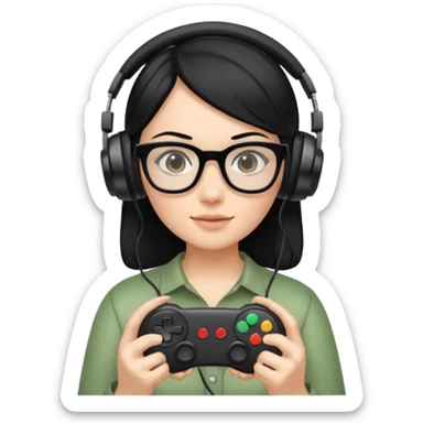 
gamer, woman shiny black hair no eyebrows with glasses, headphone, gamepad sticker