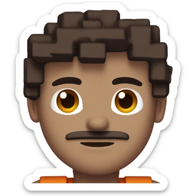 This blocky pixel art character has a large square head, dark brown hair, and a neutral expression. The body features a burgundy outfit with an orange-red pattern and blue detail, with brown arms and small dark legs. sticker