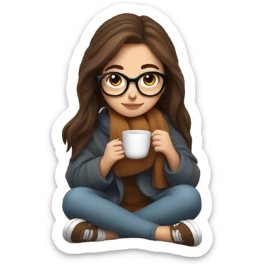 Brown hair Girl drinking coffee, with a cozy blanket wearing glasses with book and cat on her lap sticker