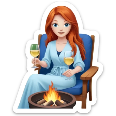 redhead with long hair and blue eyes holding white wine sitting in chair beside fire pit in backyard sticker